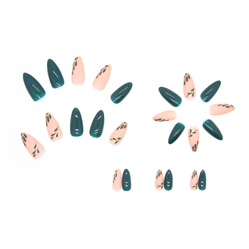 Almond Fake Nails with Green Leaves Design Press On