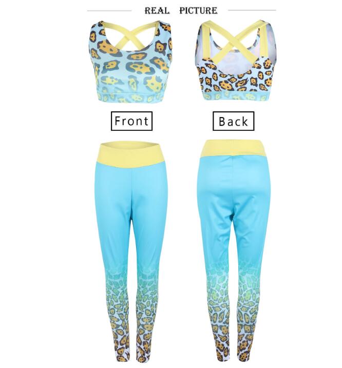 Woman Gym Leggings Leopard Push up Strappy Sports Bra 2 Pcs