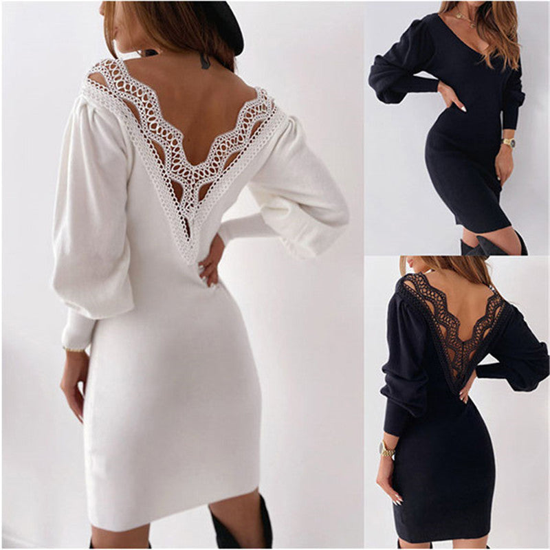 Dress Sexy Backless Hollow Lace V-Neck Waist Dress