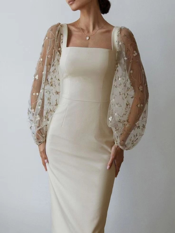 Simple and elegant embroidered patchwork buttocks up dress