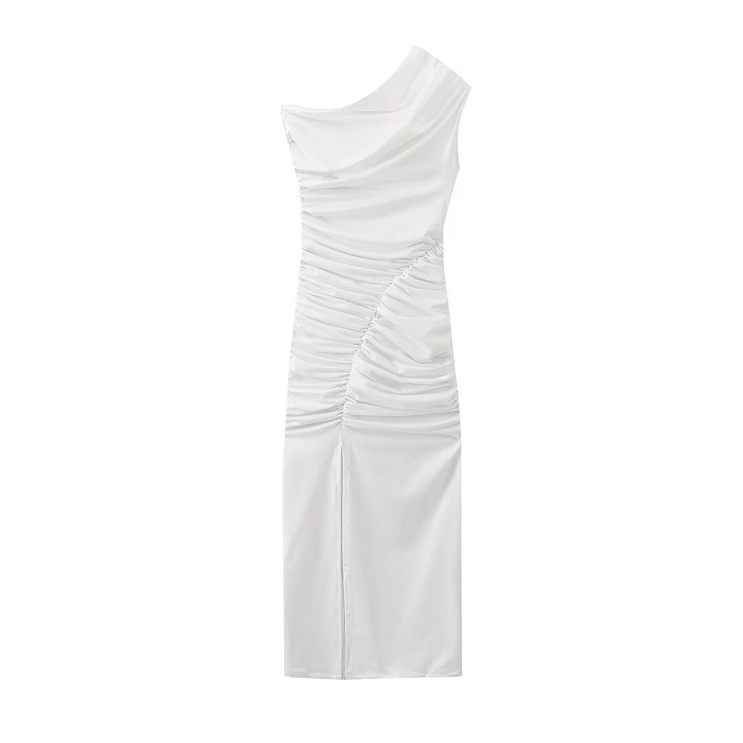 Sexy women's split temperament pleated decoration elastic asymmetrical sleeveless dress