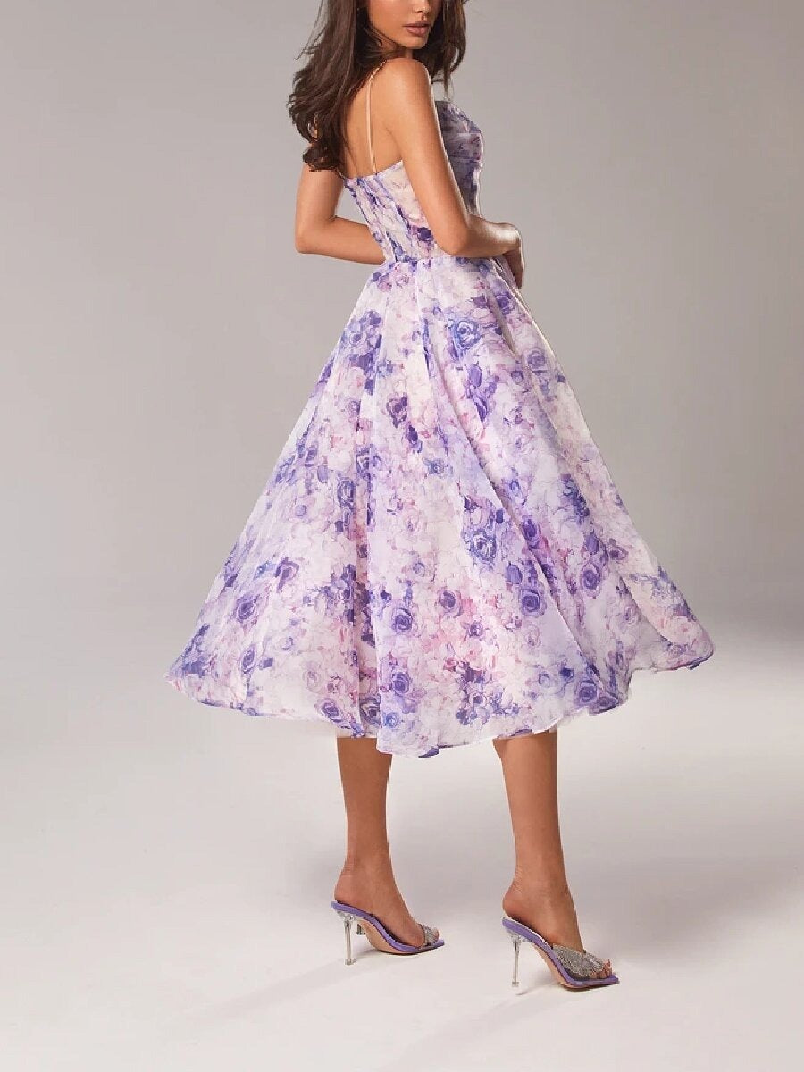 Strapless sleeveless printed large hem dress