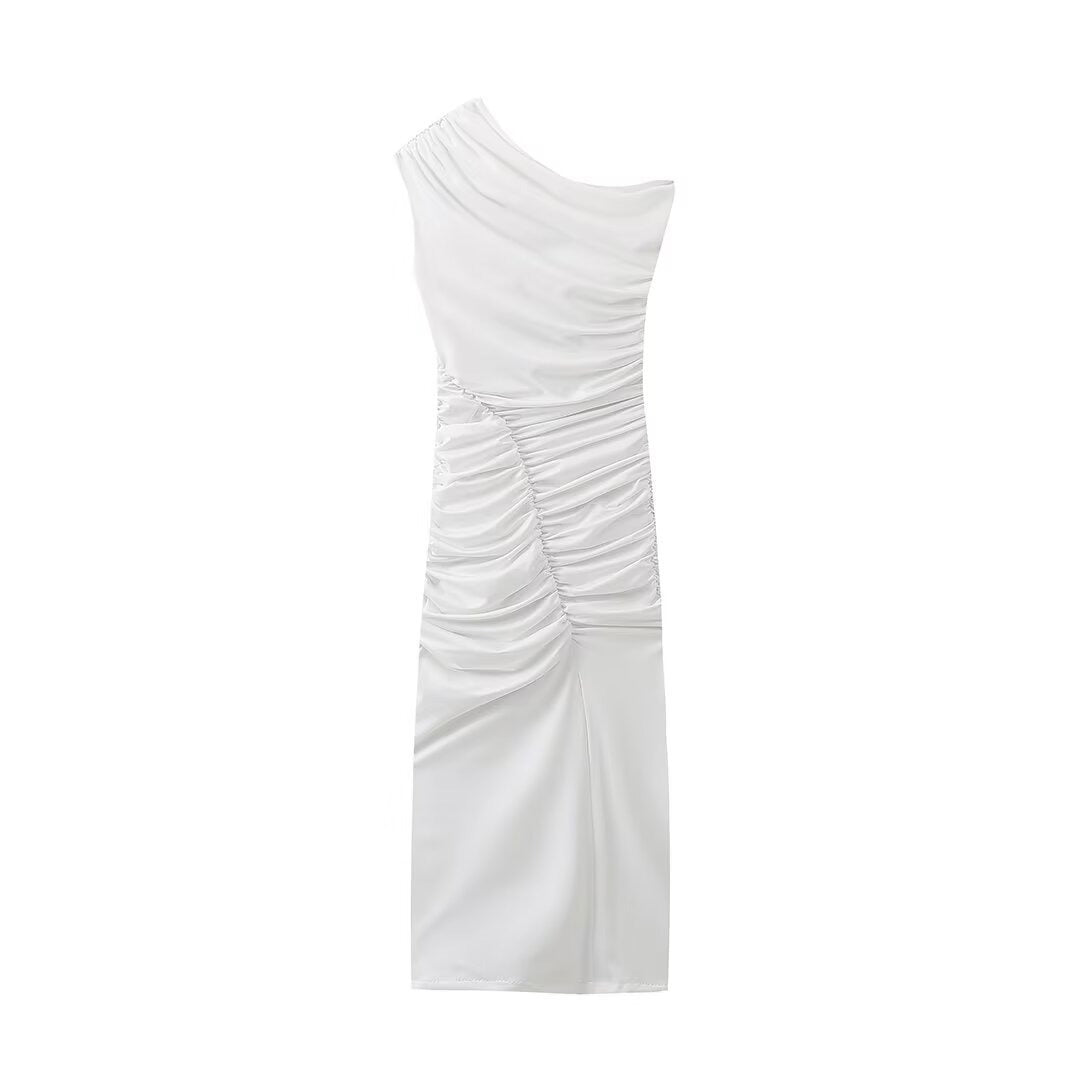 Sexy women's split temperament pleated decoration elastic asymmetrical sleeveless dress