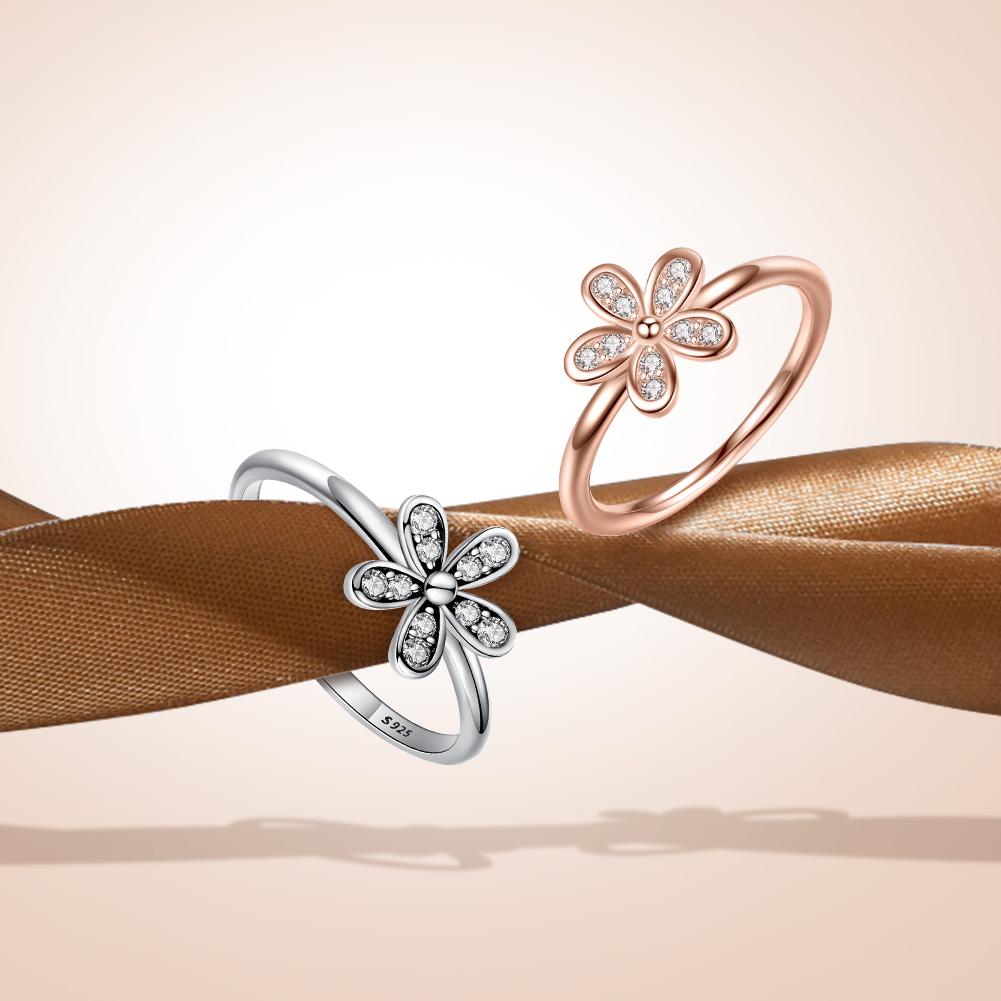 BAMOER Elegant 925 Sterling Silver Dazzling Daisy Flower Ring