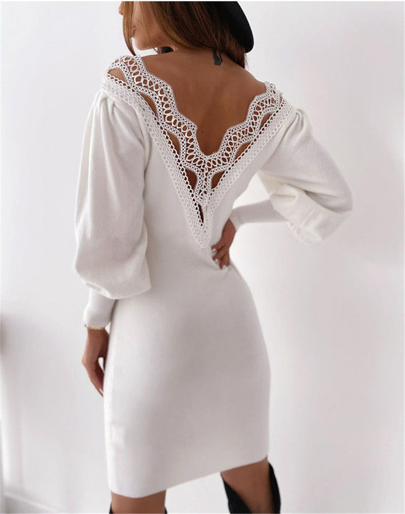 Dress Sexy Backless Hollow Lace V-Neck Waist Dress