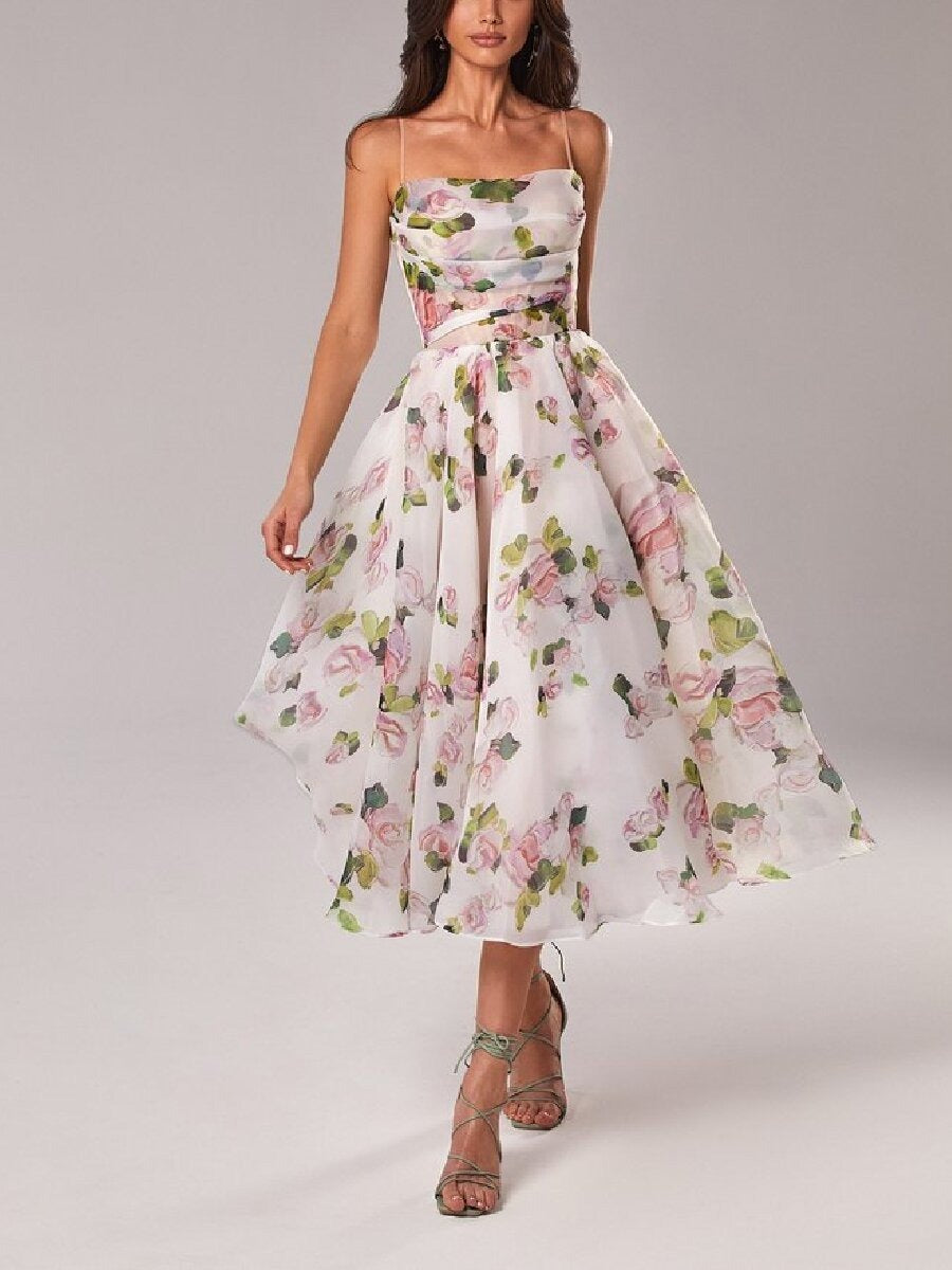 Strapless sleeveless printed large hem dress