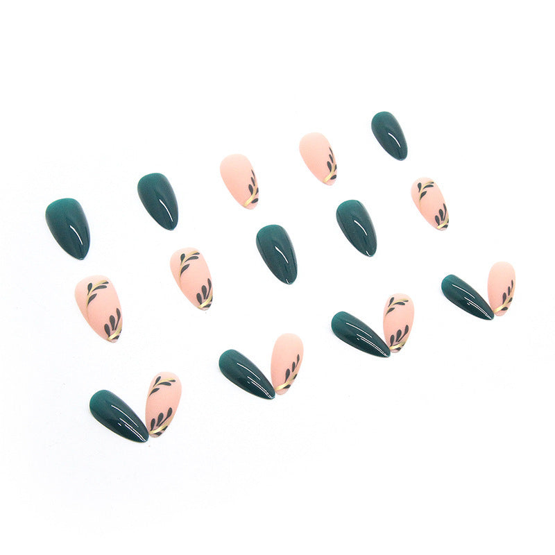 Almond Fake Nails with Green Leaves Design Press On