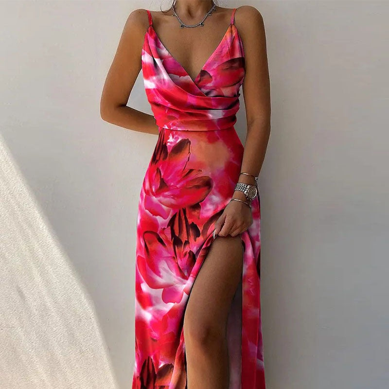 V-neck slit printed commuter dress with strap