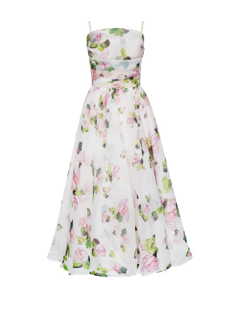 Strapless sleeveless printed large hem dress
