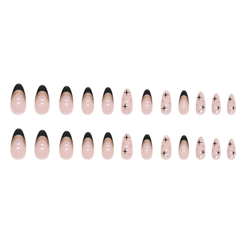 Black French Flash Gold Almond Nails Press On
