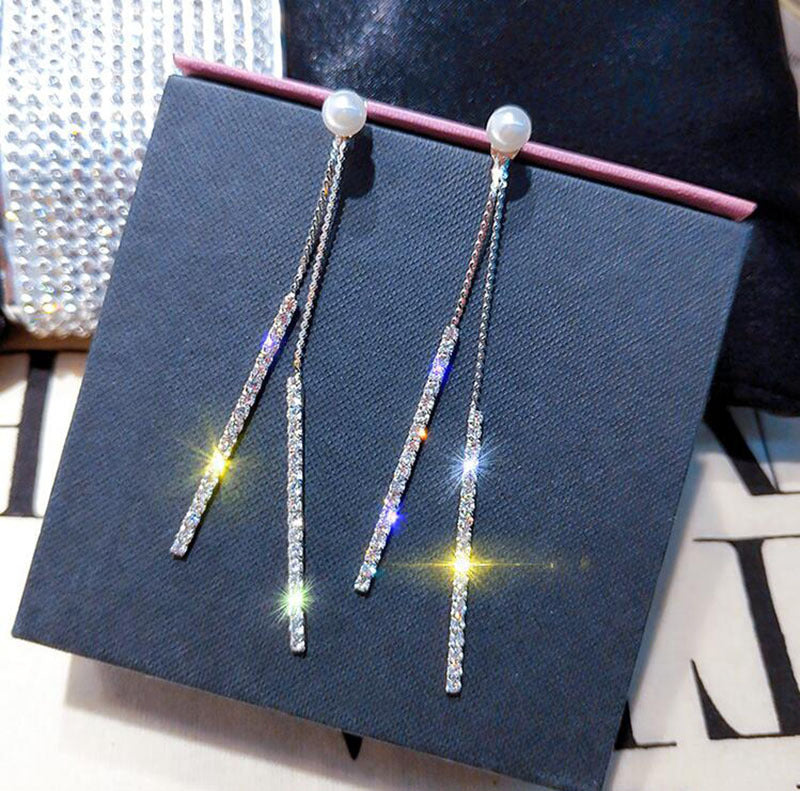 925 Silver Needle Long Tassel A Two-Pearl Stud Earrings