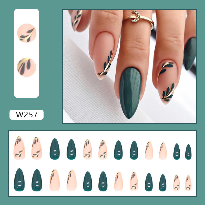 Almond Fake Nails with Green Leaves Design Press On