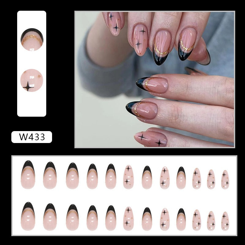 Black French Flash Gold Almond Nails Press On