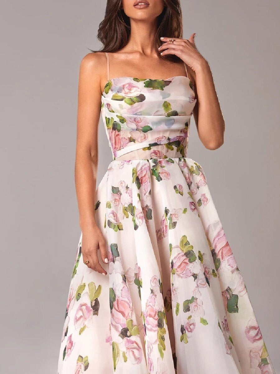 Strapless sleeveless printed large hem dress