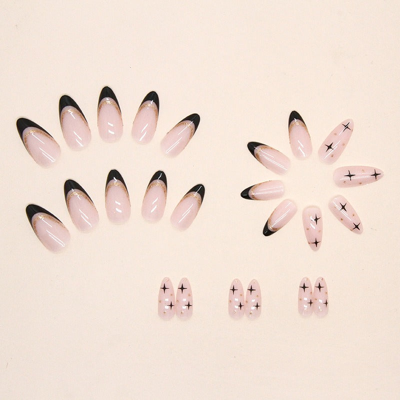 Black French Flash Gold Almond Nails Press On