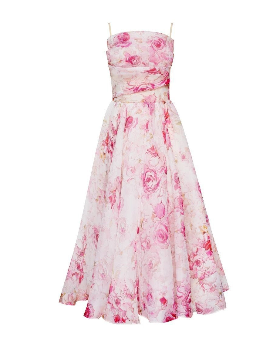 Strapless sleeveless printed large hem dress