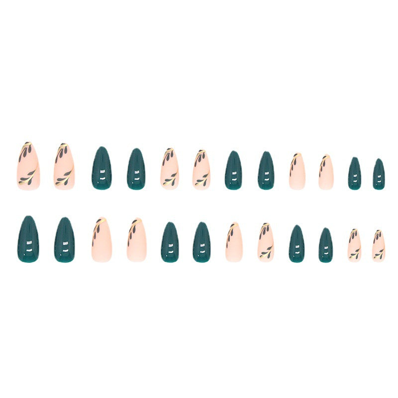 Almond Fake Nails with Green Leaves Design Press On