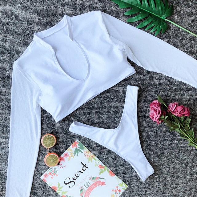 Long Sleeve Brazilian Bikini High Cut White Swimsuit