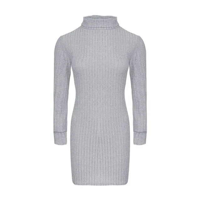 Autumn Knitted Long Sleeve Dress Solid Pullover Turtleneck Bodycon Dress