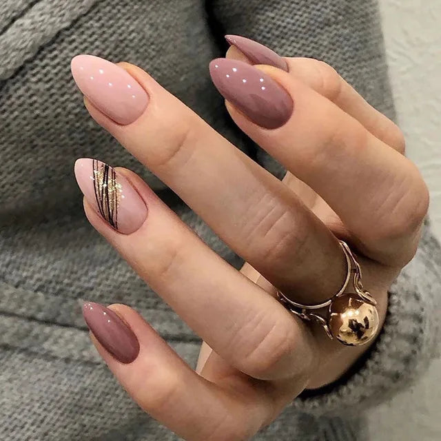 Almond Slant Gold Line Lotus Pink Fake Nails Press On