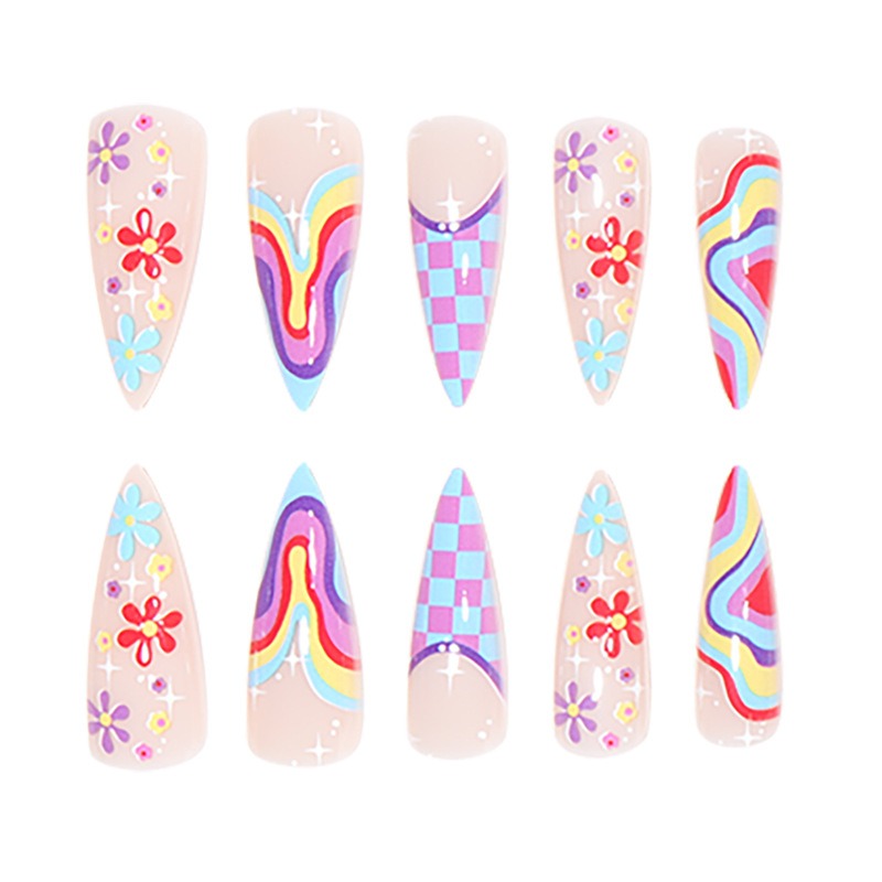 Multi-color small flower Press on Nails Almond Large