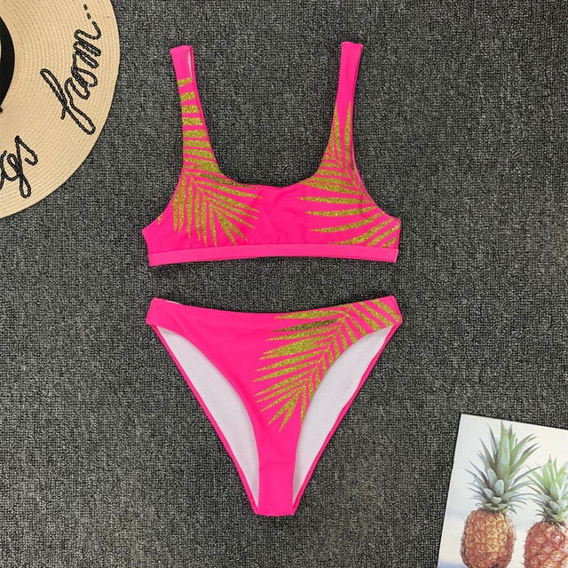 Sexy Print Bikinis Black Biquini Leaf Print Bikini Brazilian Micro Swimwear Women