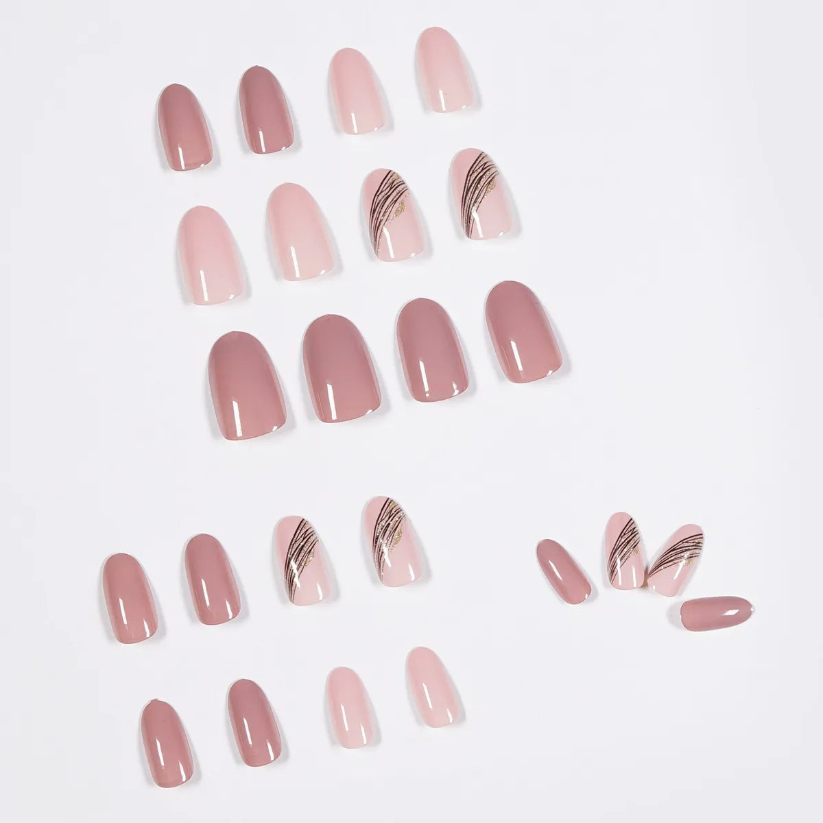Almond Slant Gold Line Lotus Pink Fake Nails Press On