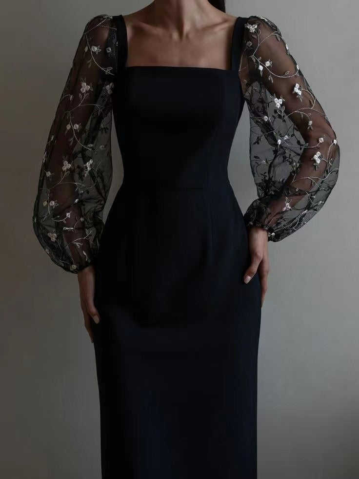 Simple and elegant embroidered patchwork buttocks up dress