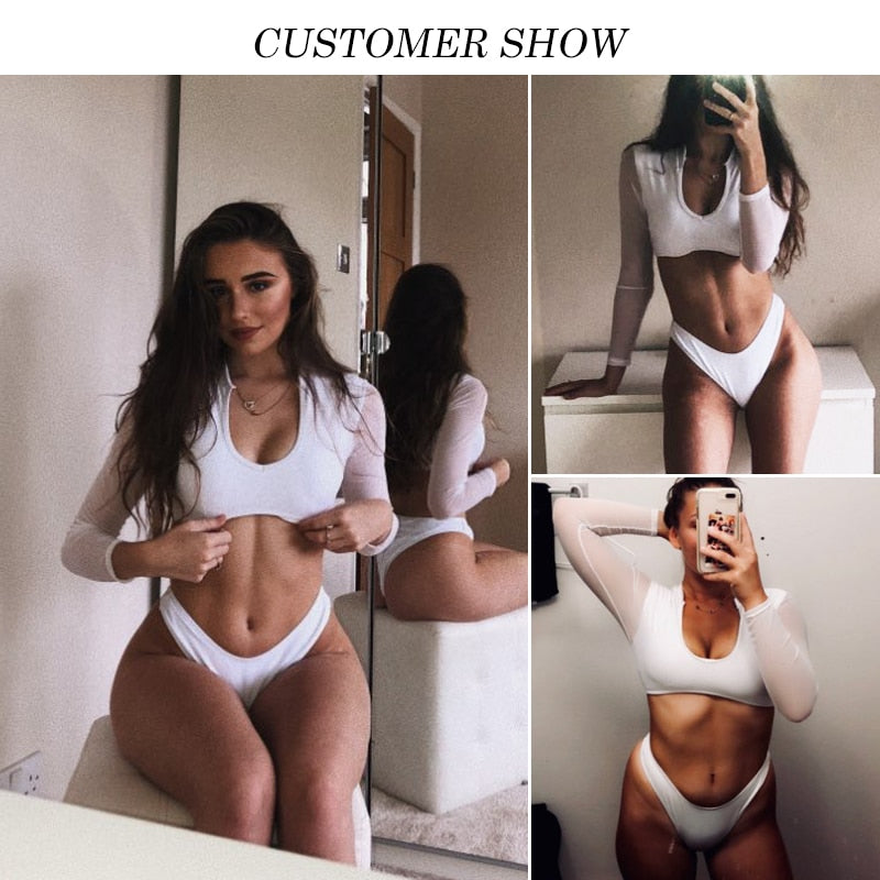 Long Sleeve Brazilian Bikini High Cut White Swimsuit