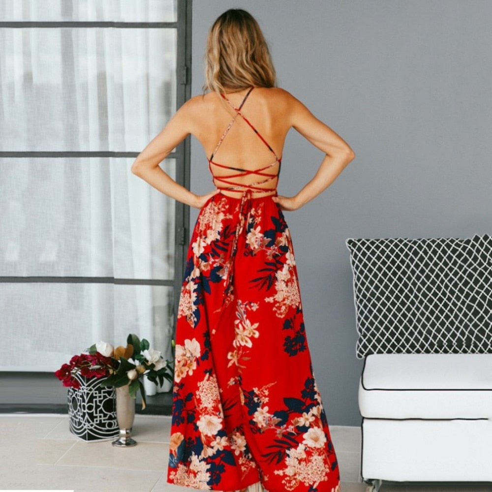 Red Floral Print backless summer dress Women