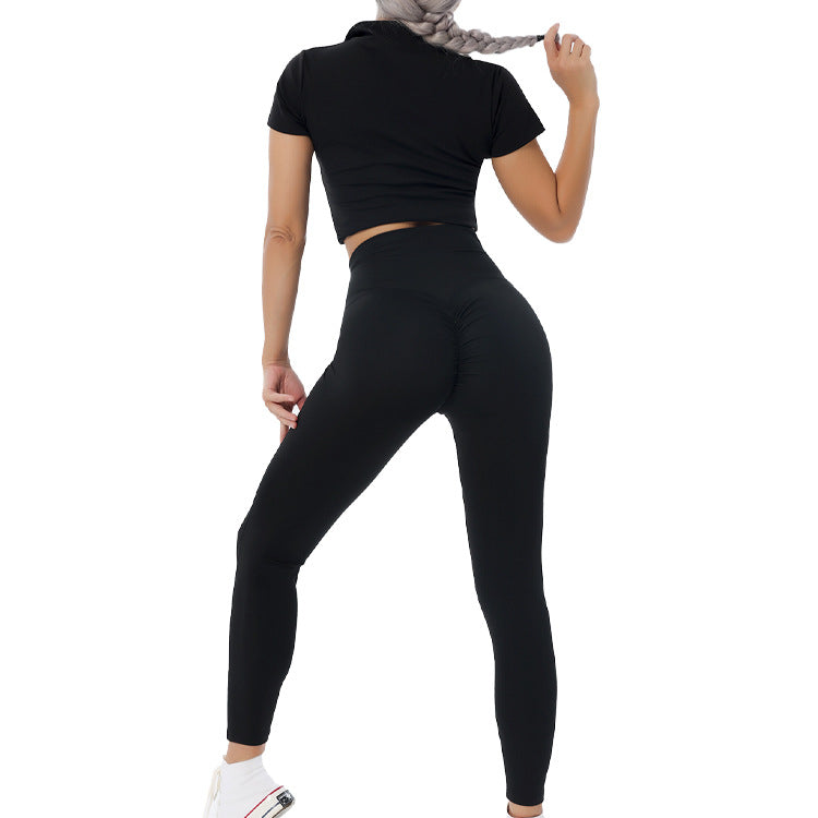 Yoga suit set, single shoulder bra, zipper, short sleeves, hip lifting shorts, long pants, fitness