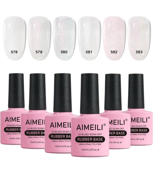 AIMEILI 4 in 1 Nail Gel Rubber Base Coat UV LED Clear Glitter Gel Nail Polish No Hema
