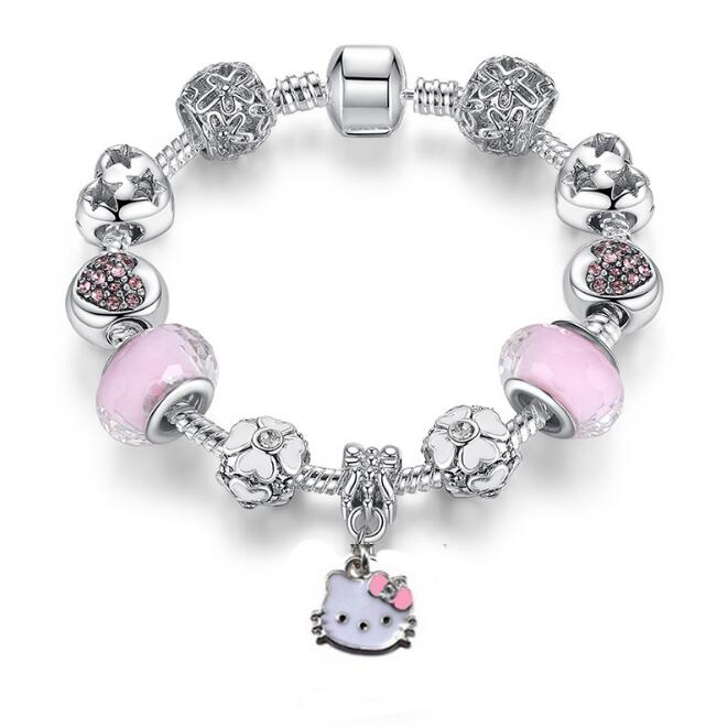 925 Silver Kitty Cat Charm Bracelet Fit