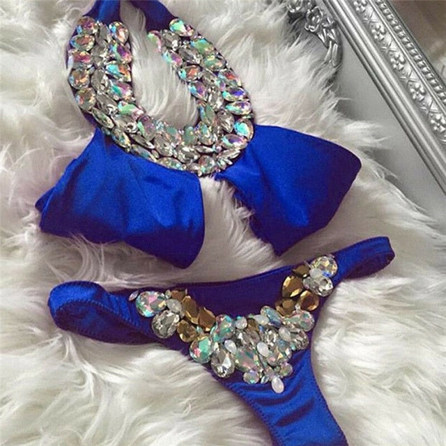 Women Rhinestone Crystal Bikini Sets Solid Push up