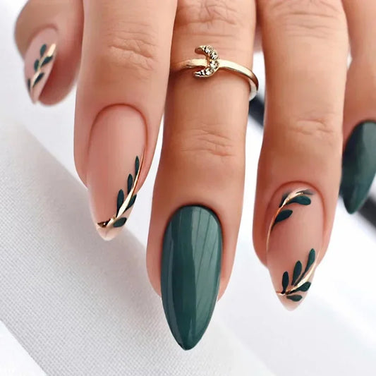 Almond Fake Nails with Green Leaves Design Press On