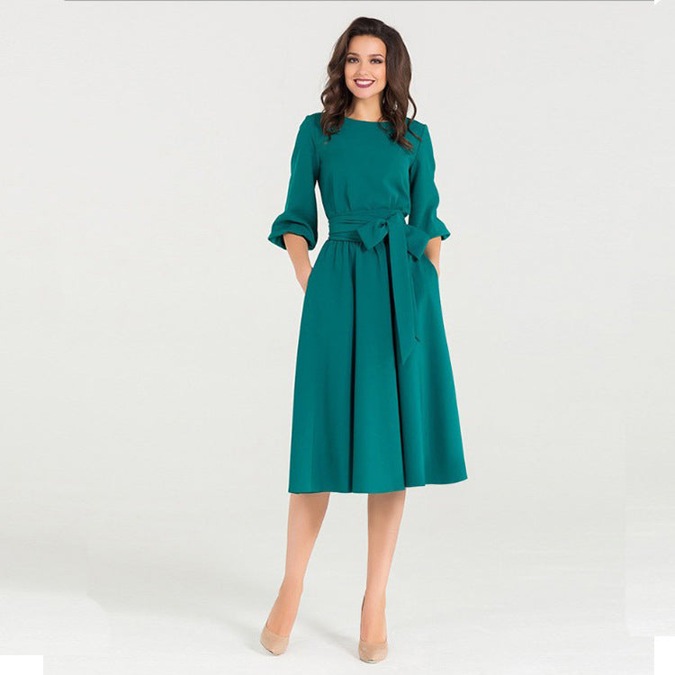 O-Neck Casual Loose Lace-up Dress