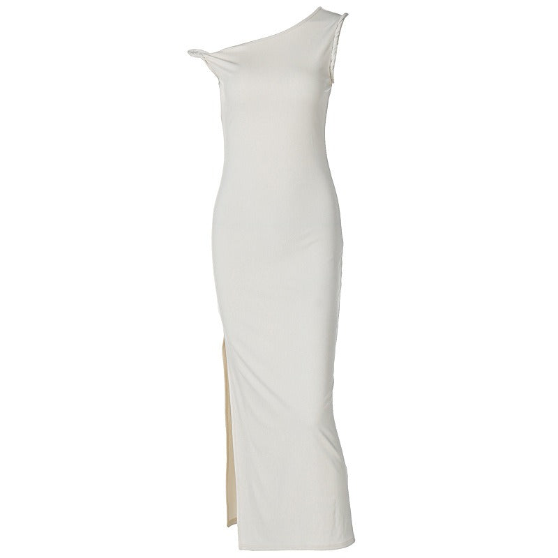 Fashionable and sexy slanted shoulder slim slit dress