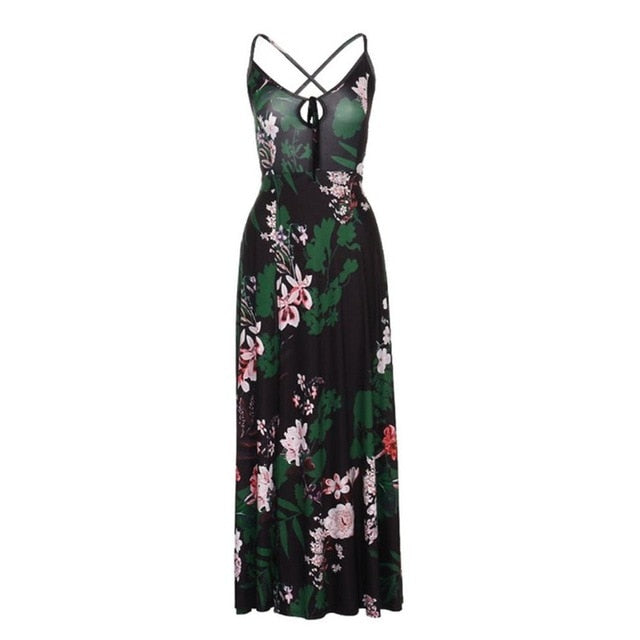 Red Floral Print backless summer dress Women