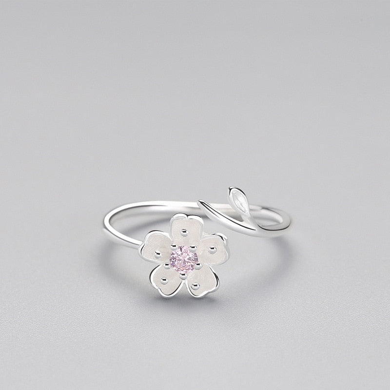 925 Sterling Silver Zircon Enamel Plum Flower Adjustable Ring