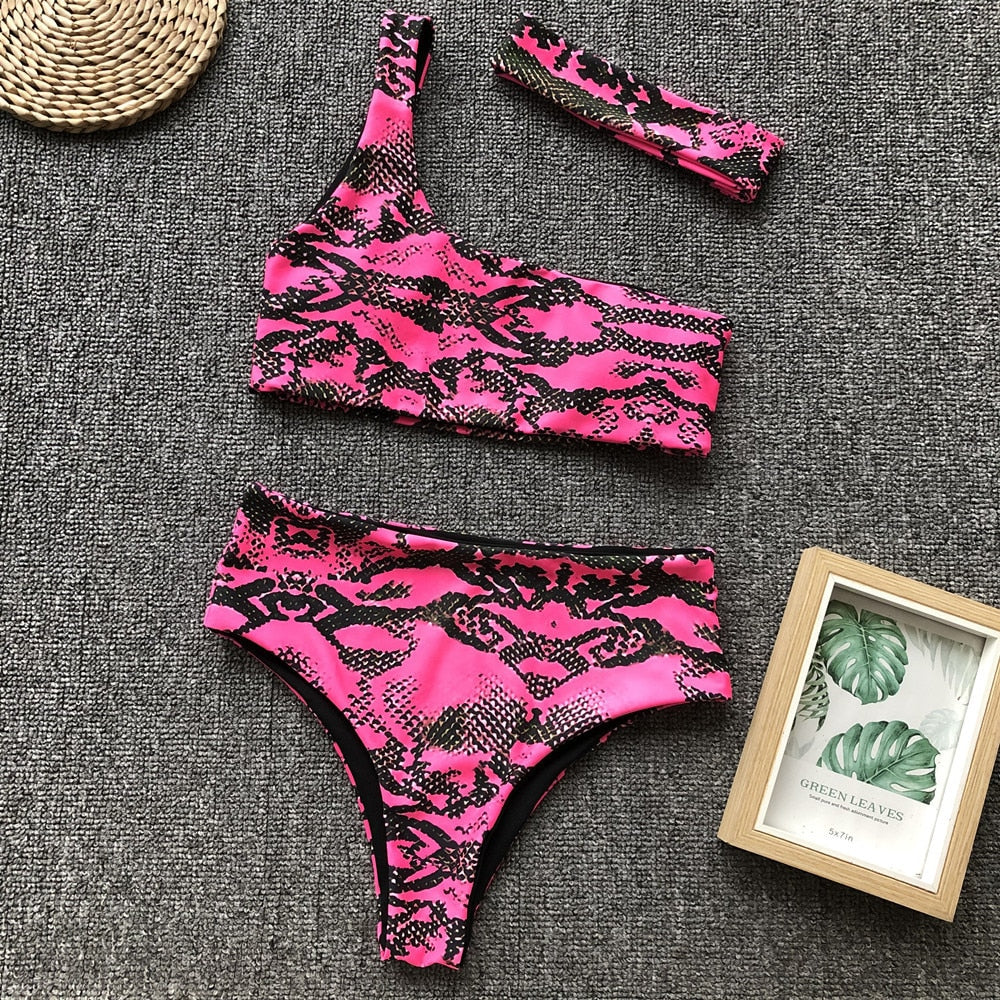 Swimsuit Women Push Up Bikini Swimwear High Waisted Snake Print Bikinis Swimming Suit One Shoulder Bikini With Headband
