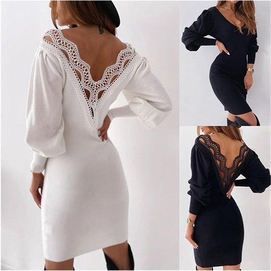 Dress Sexy Backless Hollow Lace V-Neck Waist Dress 