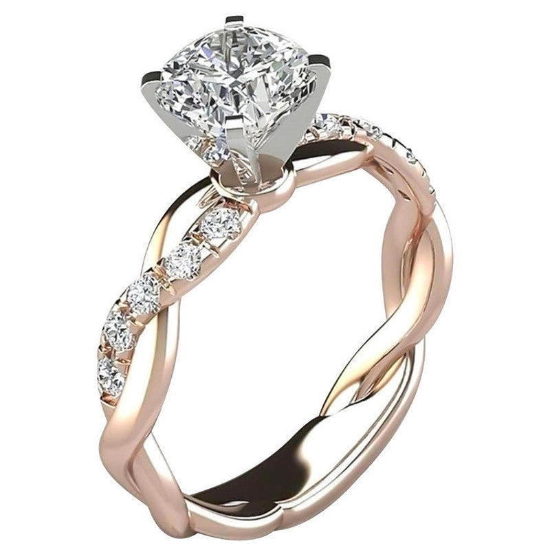 18k rose gold plated two-tone princess square diamond ring cross twist diamond ring