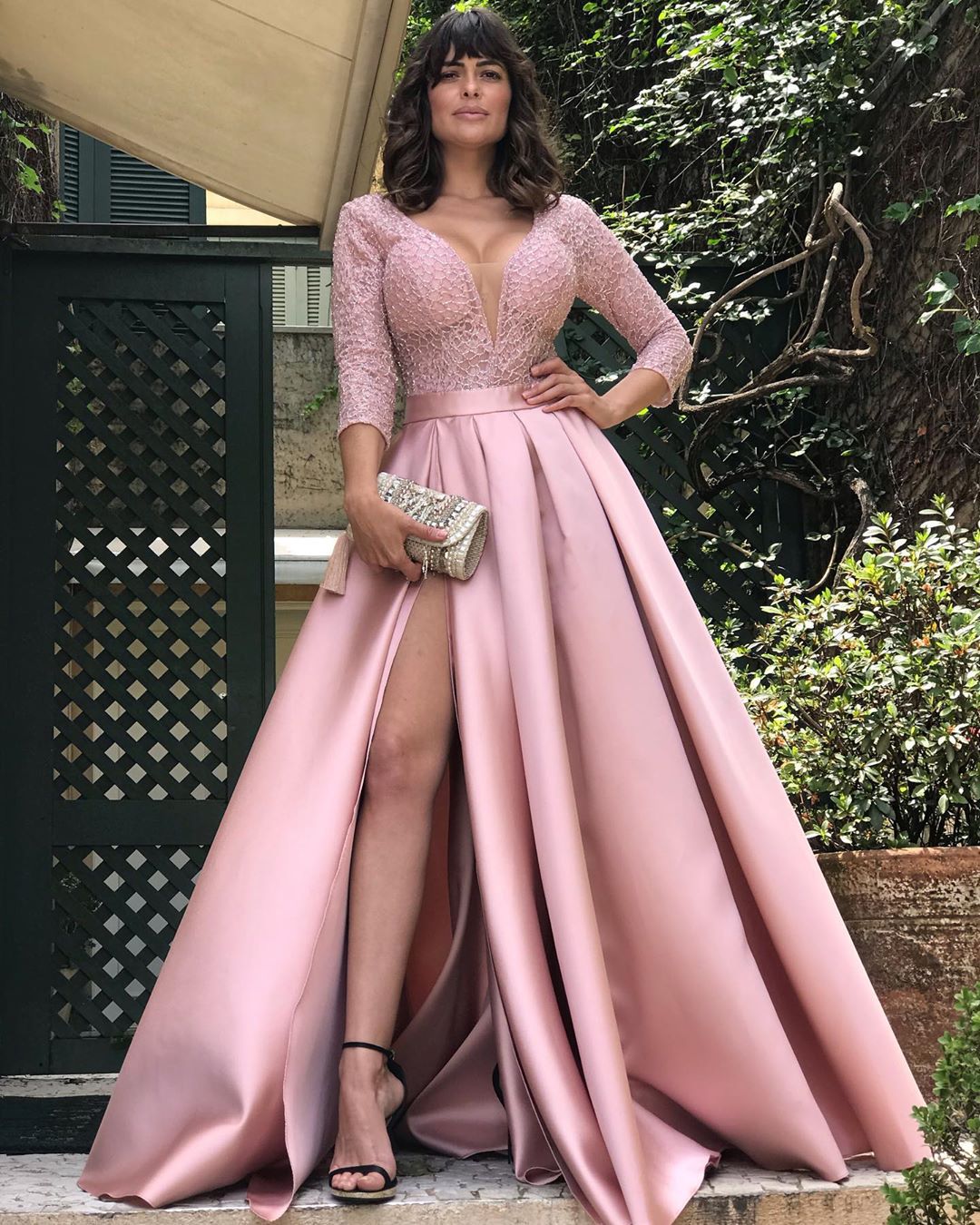 party dress elegant deep v slit lace long sleeve solid color maxi long dress banquet 