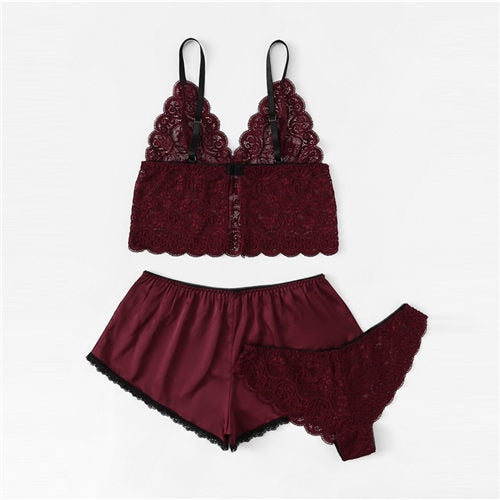 Sexy Floral Lace Cami Lingerie Set Burgundy Women \