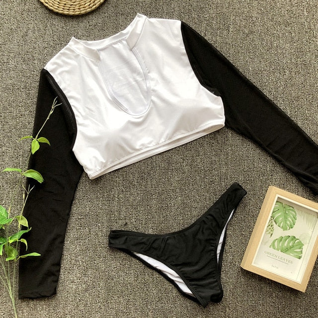 Long Sleeve Brazilian Bikini High Cut White Swimsuit