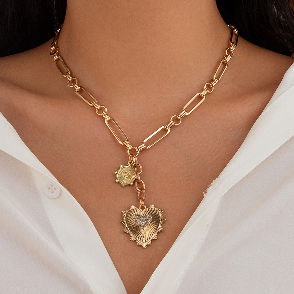 Fashionable Sun Set Zircon Necklace Women's Geometric Alloy Heart Shaped Tassel Collar Chain