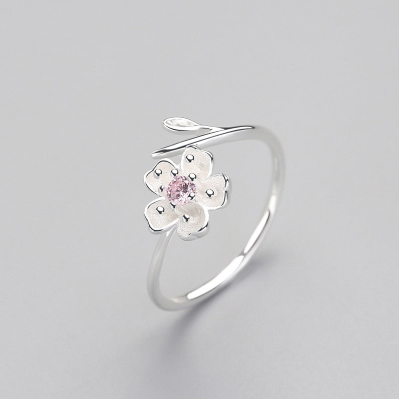 925 Sterling Silver Zircon Enamel Plum Flower Adjustable Ring