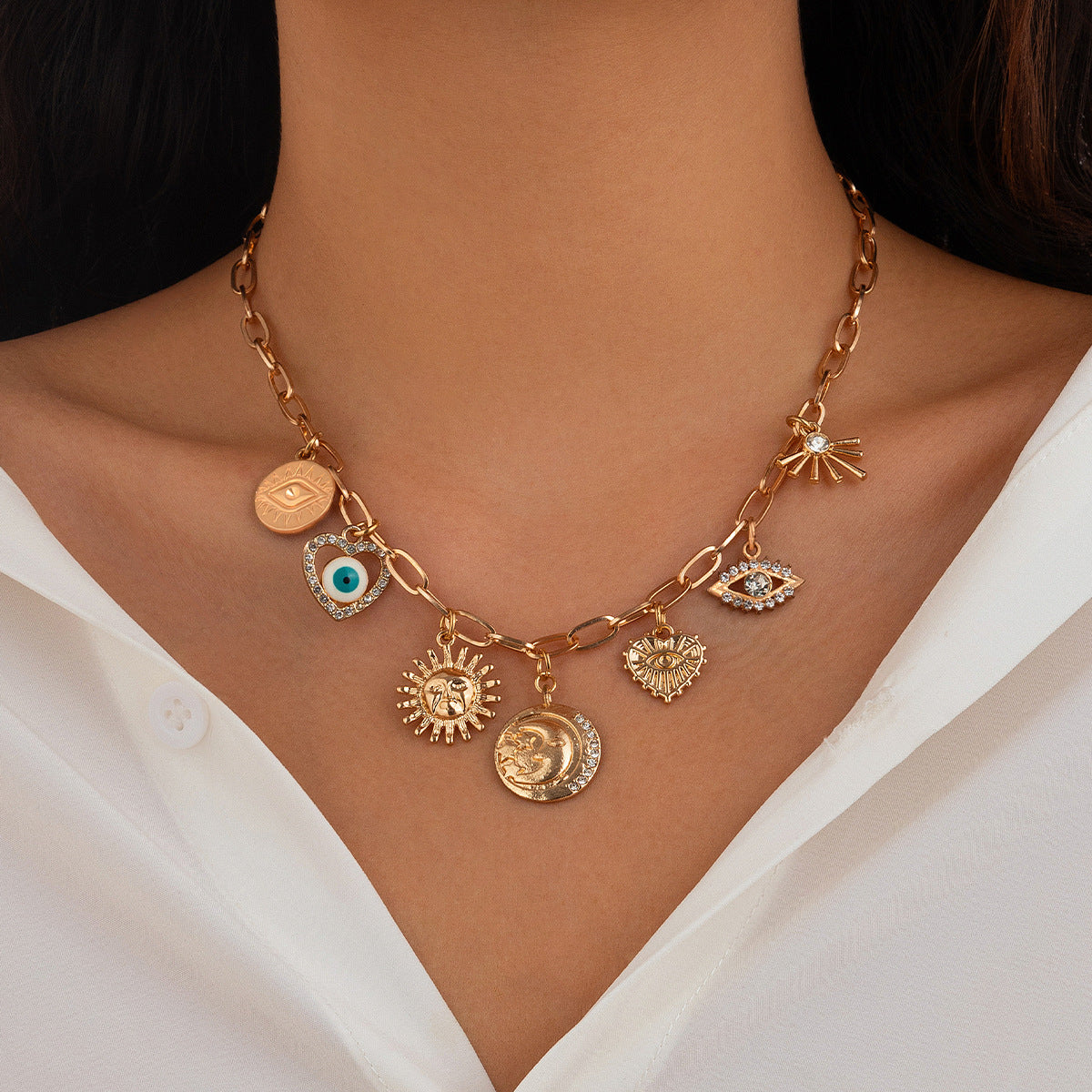 Fashionable Sun Set Zircon Necklace Women's Geometric Alloy Heart Shaped Tassel Collar Chain