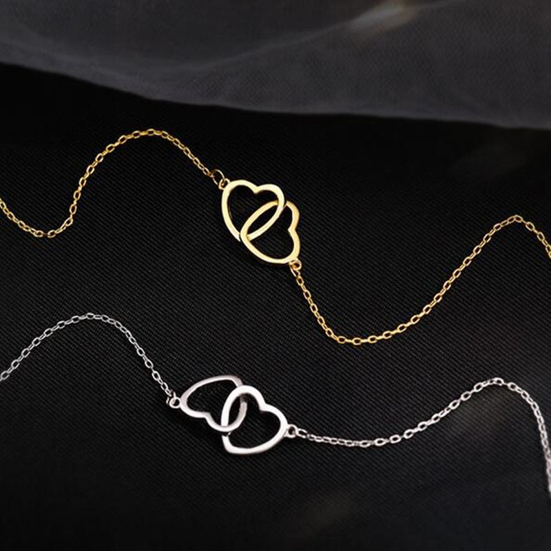 925 Sterling Silver Shiny double Heart love Zircon Circle Necklaces