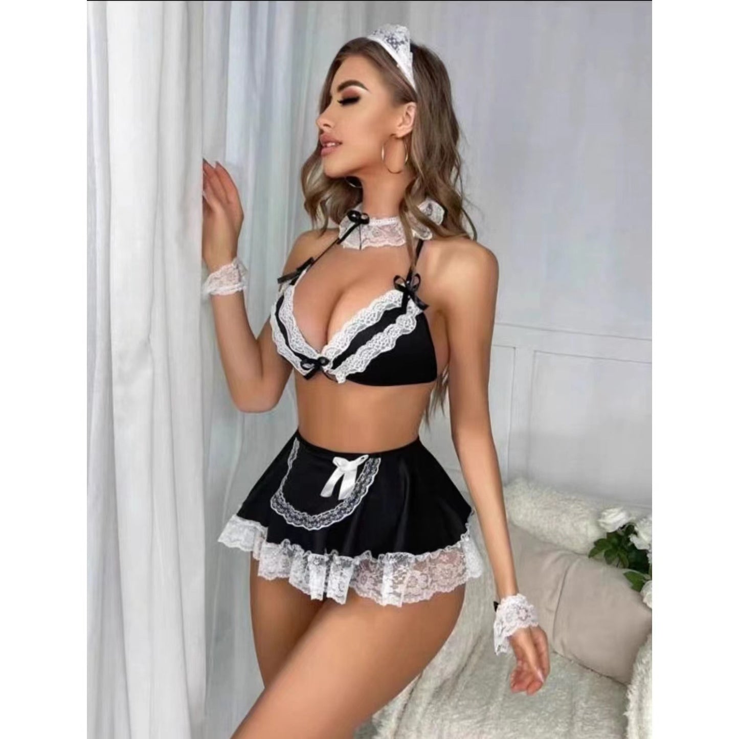 Women's Deep V Maid Bra Set Lace Girls' Underwear Pure Desire Sleeping Skirt